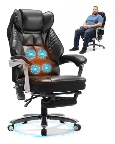 600LBS Big and Tall Office Chair with Massage and Heat, 23.5" Wide Leather Office Chair with Back Support, Ergonomic Comfort 140° Reclining Desk Chairs Managerial Chairs for Heavy People