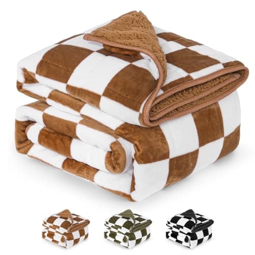 Reepow Fleece Sherpa Weighted Blanket for Adults 15 lbs 48" x 72" Twin Size, Soft Plush Warm Weighted Blanket, Heavy Bed Blanket with Ceramic Beads, Machine Washable, Khaki & White Checkered Pattern