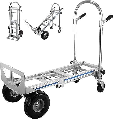 Hihone 3 in 1 Aluminum Hand Truck, 3 in 1 Hand Trucks Heavy Duty 1000 lb, with 10" Rubber Pneumatic Wheels, Assisted Hand Truck Flatform Cart