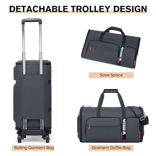 Vessgra Rolling Garment Bags for Travel, Garment Bag with Wheels, Convertible Garment Duffel bag, Carry On Garment Bag with Shoe Pouch, Rolling Duffel Bag with Detachable Trolley System-Dark Grey 2