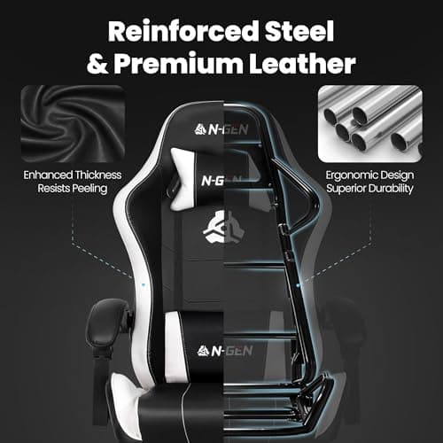 N-GEN GAMING Video Gaming Chair with Footrest Lumbar Support for Home Office High Back Recliner Height Adjustable Ergonomic Comfy Leather Computer Desk Chair (White) 8