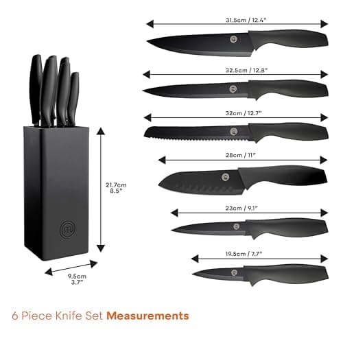 MasterChef Knife Set with Block, 6 Kitchen Knives and a Universal Knife Holder, Extra Sharp Stainless Steel Blades for Precise Cutting with Non Stick Coating & Soft Touch Easy Grip Handles, Black 7