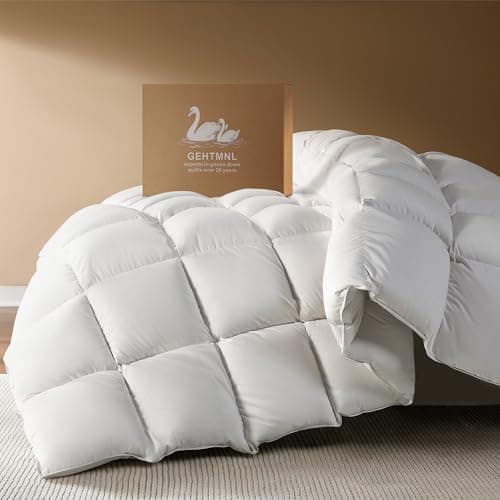 Gehtmnl Goose Down Fiber Comforter Queen Size – All Season Naturally Breathable Down Comforters, Luxury Hotel Collection Duvet Insert with 8 Corner Tabs, Cotton Fabric & Baffle Box (White,50oz Fill)