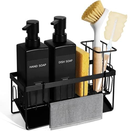 GMISUN Dish Soap Dispenser, 12 fl oz / 350 ml Dual Kitchen Soap Dispensers with Sponge Holder, Customized Matte Black Kitchen Soap Dispenser Set, Modern Hand and Dish Soap Bottle Set Removable