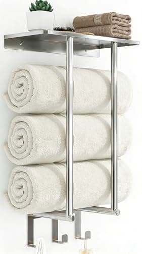 Towel Racks for Bathroom Wall Mounted, Bethom Towel Rack with Shelf and 3 Hooks, Brushed Nickel Towel Storage Holder Wall for Large Rolled Towels