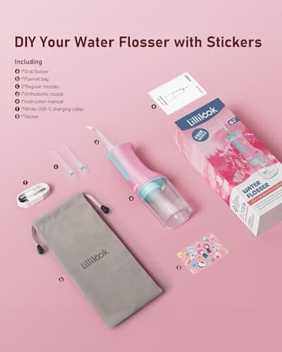 Lillilook Kids Water Flosser Pink, Rechargeable Oral Irrigator for Kids Aged 6+, 4 Modes, 3 Jet Tips, Fun Stickers, Safe and Gentle Oral Care 6