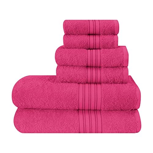 BOUTIQUO 6 Pack Cotton Towel Set, Contains 2 Bath Towels 28x55 inch, 2 Hand Towels 16x24 inch & 2 Wash Coths 12x12 inch, Ideal Everyday use, Ultra Soft Compact & Lightweight - Hot Pink
