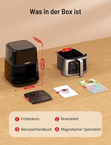 PARIS RHÔNE hot air fryer 4L XL with viewing window, 8-in-1 airfryer dishwasher safe with one-touch operation, non-stick coated basket & removable tray 7