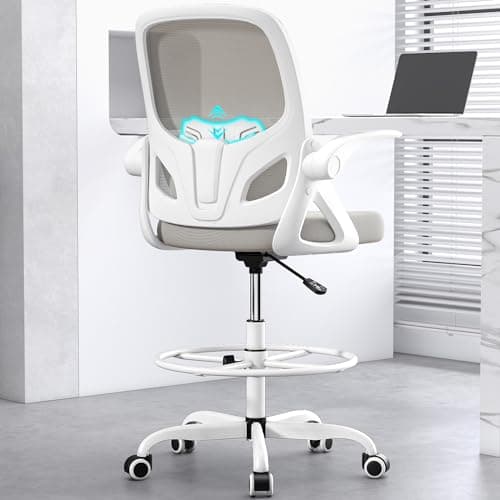 Kensaker Tall Drafting Chair with Footrest Ring for Home and Work, Ergonomic Home Desk Office Chair with Flip up Arms and Lumbar Support, Extended Height Executive Desk Office Chair(Gray)