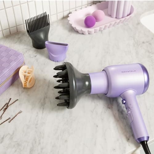 Wavytalk Blow Dryer with Diffuser, Blown Away Ionic Hair Dryer for Curly Hair with Comb, 1875W Fast Drying Blow Dryer with Ceramic Technology, 3 Attachments for All Hair Types, Light and Quiet, Purple 7