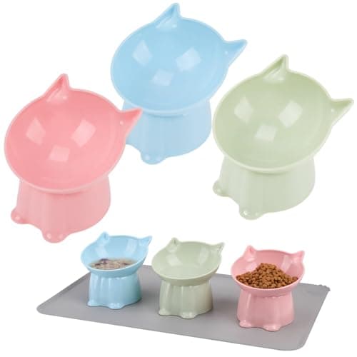 3 Pcs Elevated Cat Bowls 15°Raised Cat Food Bowl with Silicone Mat Whisker Friendly Anti Vomiting Cats Dishes Pet Food and Water Bowls for Indoor Cats Kittens