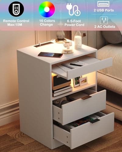 Yusong Night Stand, Bedside Table, LED Nightstand with Charging Station, Modern Night Stand, Wood Sofa Couch End Side Table with 2 Pull-Out Shelf, White 6