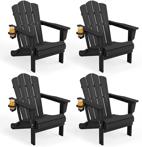 KINGYES Folding Adirondack Chair Set of 4, HDPE All-Weather Patio Chairs, Wooden Textured Lawn Chair for Poolside, Backyard, Deck, Fire Pit, Black