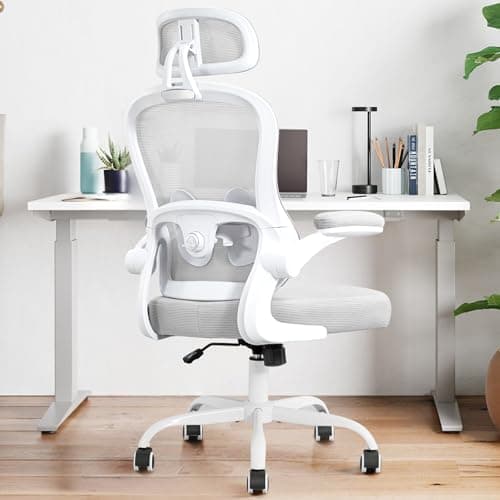 TUKAKA Ergonomic Office Chair,Ultra Thick Office Desk Chair with Adjustable Lumbar Support and Headrest,Spring Cushion,Rocking Function,Flip-up arms,Mesh Computer Chair for Home Office,Grey
