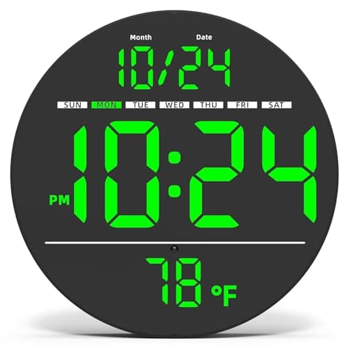 Digital Wall Clock with Large LED Display, Date, Temperature, Auto-Brightness | Small [PLUG-IN] Clock | Modern Electric Wall Clock for Bedroom, Classroom, Living Room, Home, Office, Farmhouse – Green