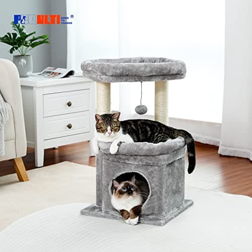 PEQULTI Cat Tree Tower for Indoor Cats with Private Cozy Cat Condo, Natural Sisal Scratching Posts and Plush Pom-pom for Small Cats 7