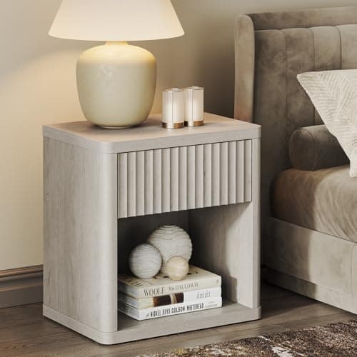 SICOTAS Night Stand Nightstand with Drawer Storage Fluted Bed Side Table End Table Large Modern Wide Bedside Stand Mid Century Night Stands for Bedroom Living Room Sofa Couch Home Office, White Alder