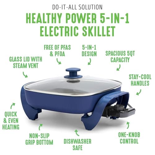 GreenLife 12" 5QT Square Electric Skillet, Glass Vented Lid, Ceramic PFAS-Free Nonstick Coated Interior, Adjustable Temperature Control, Cool Touch Handles, Quick Even Heating, Scratch Resistant, Blue 3