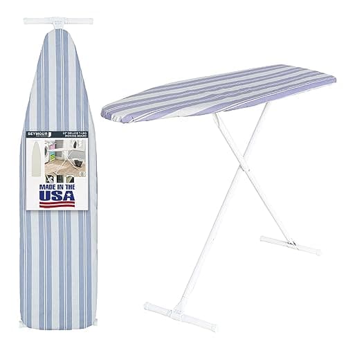 Full Size Ironing Board with Cover & Pad – Made in USA by Seymour Home Products Adjustable Steel T-Legs, 35" High Perforated Top for Steam Durable Iron Board for Home, Laundry Room (Blue Stripe)