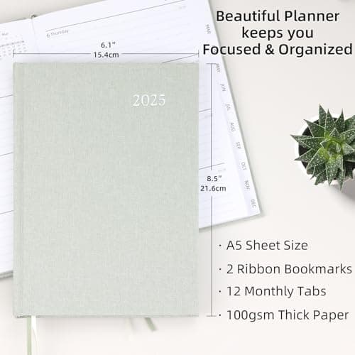 2025 Planner - Weekly and Monthly Planner, January 2025 - December 2025, Linen Hardcover, 2025 Calendar Planner Book with Tabs, Aesthetic, Perfect for Office Home School Supplies - (A5, Sage Green) 5