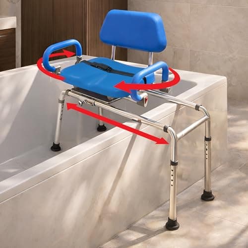 Platinum Health Carousel Sliding Shower Chair Tub Transfer Bench with Swivel Seat, Premium Padded, Pivoting Arms, Adjustable Space Saving Design for Tubs, Inside Shower, for Handicap & Seniors, Blue