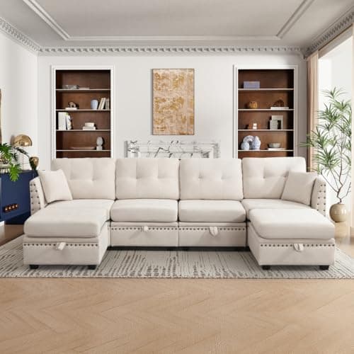 MAHOMICO 110" Modular Sectional Sofa 6 Seat Modular Couch with Storage, Memory Foam, Convertible Sectional Couches for Living Room, U Shaped Comfy Modular Sofa with Vintage, Beige