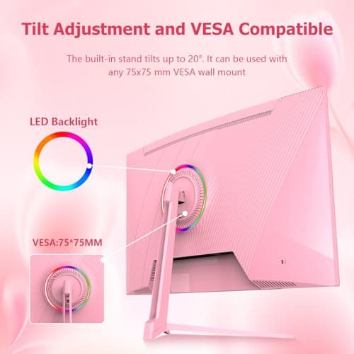 Sealan 27 inch Curved Pink Gaming Monitor 180Hz,QHD(2560 ×1440),1500R,VA Screen,FreeSync,Low Blue Light, Flicker Free,Eye-Care, DP, HDMI Port for Gaming Home Office,Supports Wall Mount (75 * 75mm) 8