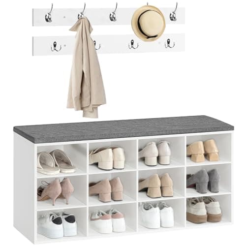 HOOBRO Shoe Storage Bench with Cushion, 39.4" L Entryway Bench with 12 Cubbies, Entryway Hall Tree with Storage, Cubby Shoe Rack Bench with Coat Rack for Hallway, Holds up to 330 lb, White WT112HX01 9