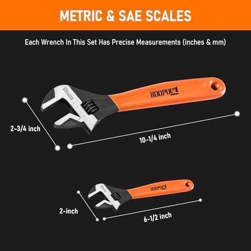 KOOPOOL Crescent Wrench Set, 2-Piece Adjustable Wrench Set, 6-Inch & 10-Inch Crescent Wrench, Wide Jaw, Black Oxide Finish, Metric & SAE Scales - Cr-V Steel for Home, Garage 8