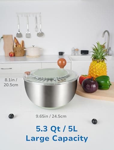 Lunememo Stainless Steel Salad Spinner, Lettuce Spinner with Drain, Non-Slip Base & Stop Button, Large Vegetable Dryer, BPA Free, 5.3 Qt 5