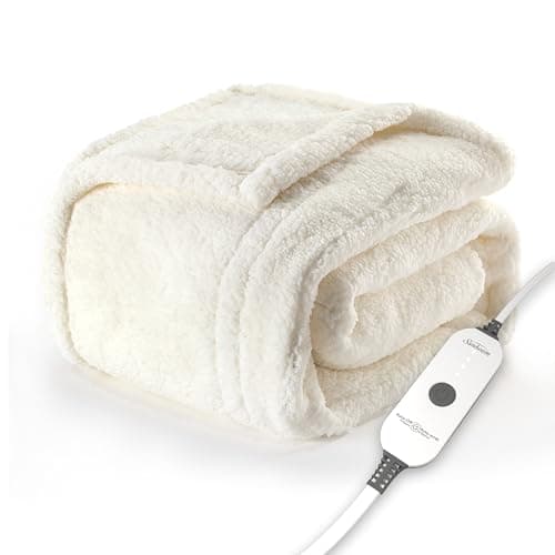Sunbeam Royal Sherpa Foot Pocket Heated Throw Electric Blanket, 50" x 60", 4 Heat Settings, 4-Hour Auto Shut-Off, Warming Throw for Couch or Bed, Fast Heating, Machine Washable, Natural