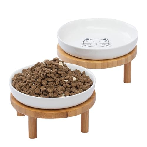 Lusifaco Shallow Elevated Cat Bowls,5.9 Inch Wide Raised Ceramic Cat Dishes with Bamboo Stand, Whisker Friendly Pet Water or Food Plates Feeding Station for Indoor Cats, Kitten(White,Set of 2)