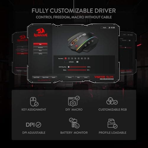 Redragon M686 Wireless Gaming Mouse, 16000 DPI Wired/Wireless Gamer Mouse with Professional Sensor, 45-Hour Reliable Power Capacity, Customizable Macro and RGB Backlight for PC/Mac/Laptop 8