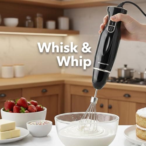 OVENTE Immersion Hand Blender Set, 300W Corded Electric Handheld Stick Mixer, 2 Mixing Speeds with Stainless Steel Blades, Egg Whisk, Beaker & BPA-Free Food Chopper, Black HS565B 7