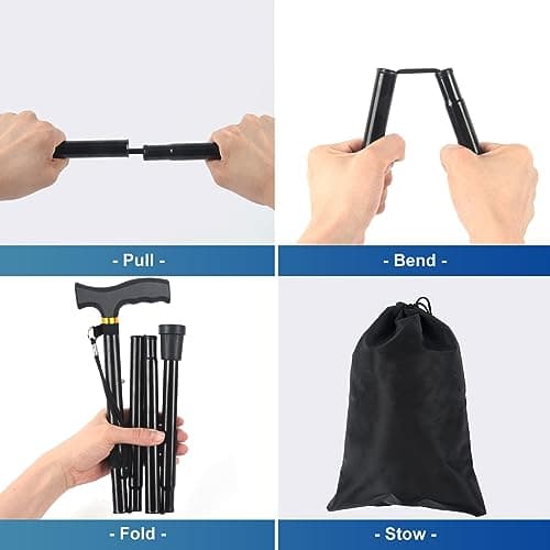 Foldable Walking Cane for Men & Women - Portable Lightweight Cane, Adjustable Height, Anti-Slip Rubber Tip, Includes Storage Bag | Ideal for Seniors & Mobility Aid Users [Black] 5