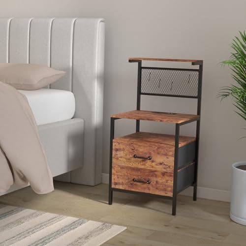 TRIFEBLE Tall Nightstand Set of 2 with Charging Station and LED Lights, Night Stand with Fabric Drawers, Bedside Table 36.4 Inch with Storage Shelves, Side Table, Mesh Shelves with Hooks, Rustic Brown 2