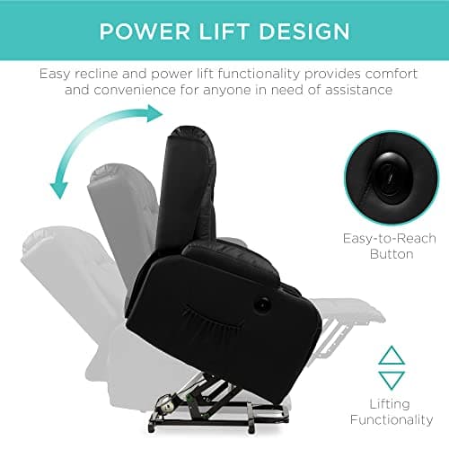 Best Choice Products PU Leather Electric Power Lift Chair, Recliner Massage Chair, Adjustable Furniture for Back, Legs w/ 3 Positions, USB Port, Heat, Cupholders, Easy-to-Reach Side Button - Black 5