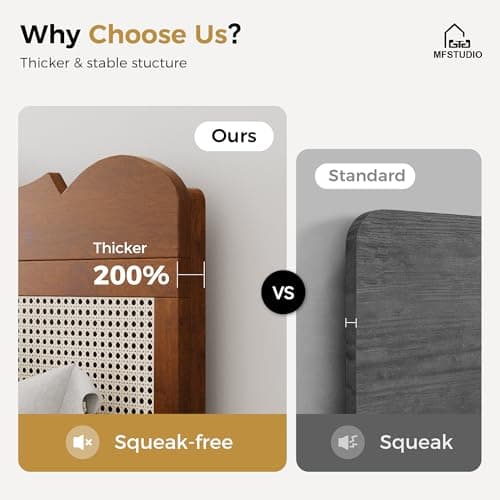 MFSTUDIO Queen Wood Bed Frame with Headboard, Rattan Bed Frames Solid Wooden Platform Bedframe Mid Century,No Box Spring Needed,Sturdy Natural Finish Classic Noise Free 7