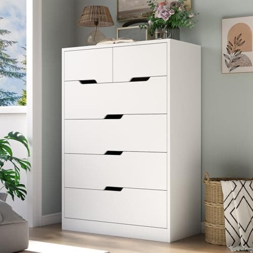 Gyfimoie White 6 Drawer Dresser, Tall White Dresser for Bedroom, Modern Chest of Drawers for Living Room, Wooden Drawer Storage Cabinet, 5-Layer Large Capacity Clothing Organizer for Closet, Hallway