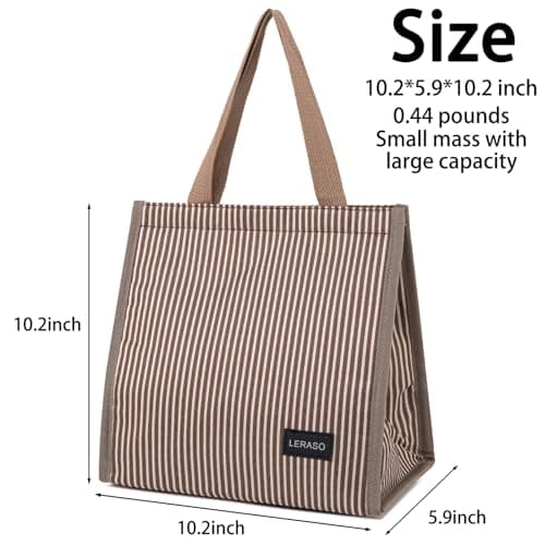 LERASO Insulated Lunch Bag for Work, 10.2"x5.9"x10.2" Oxford Waterproof Lunch Tote, Thermal Lunch Box for Office, Picnic & Outdoor, Pink and White Striped Canvas Tote Bag 6