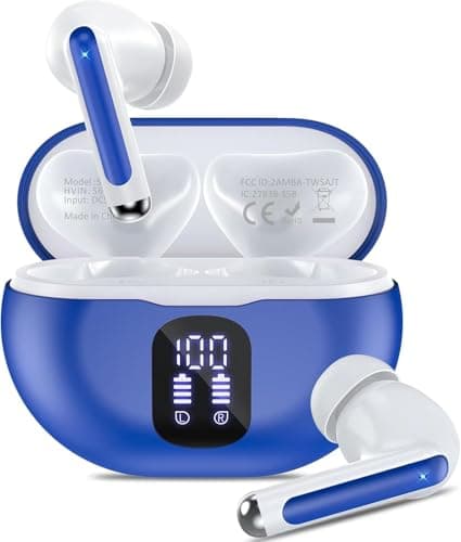 XIAOWTEK Bluetooth Headphones True Wireless Earbuds 50H Playback LED Power Display Earphones with Wireless Charging Case IPX7 Waterproof in-Ear Ear Buds with Mic,Blue