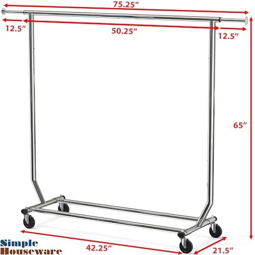 Simple Houseware Supreme Commercial Grade Clothing Garment Rack, Holds Up to 250 lbs, 50 to 75 Inches Extendable Rod, Chrome 9