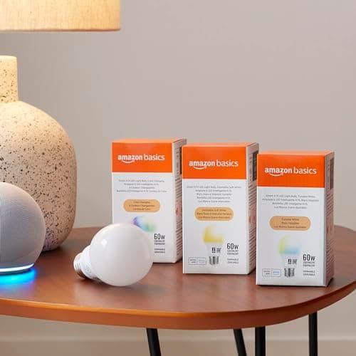 Amazon Basics Smart A19 LED Light Bulb, Color Changing, 9W (60W Equivalent), 800LM, Works with Alexa Only, WiFi 2.4 GHz, No Hub Required, Mood Lighting, Energy Efficient, 1-Pack 7