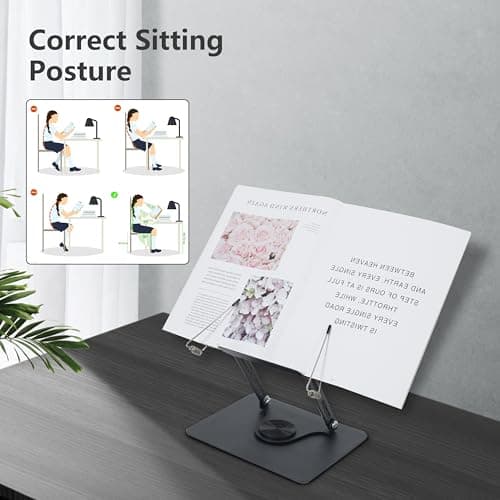 Book Stand for Reading, Multi-Angle & Height Book Holder with 360° Swivel Base, Lightweight Foldable Cookbook Stand for Kitchen, Office, Textbook, Recipe, Music Scores, Kindle, Tablet 5