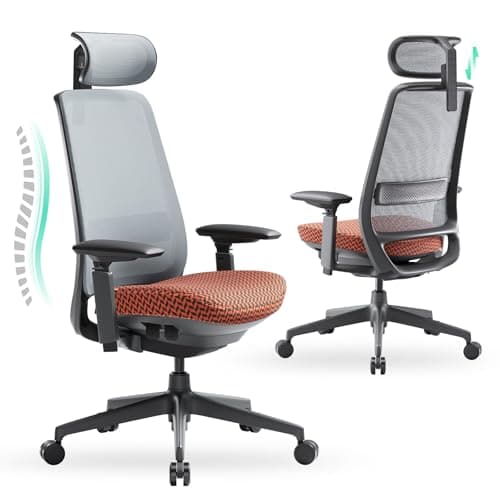 COLAMY Ergonomic Office Chair, Mesh Desk Chair with High Back, Lumbar Support, Adjustable Headrest and 4D Arms, Slide Seat, Tilt Lock-Coral