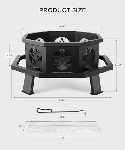 SUNOUTLY 35 inch Fire Pit, Outdoor Fire Pit Wood Burning Fire Pits with Cooking Grill, Large Firepits for Outside Octagonal Heavy Duty Firepit with Poker for Bonfire, Backyard, Patio, Picnic, Camping 7
