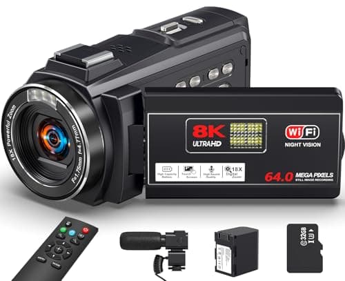 8K Video Camera 64MP Camcorder, 18X Digital Zoom with IR Night Version Vlogging Camera for Youtube, 3.0" IPS Touch Screen with one 4500mAh Battery, 32GB TF Card, Remote Control, Mic, and Adapter