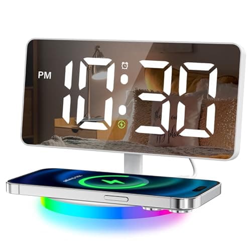 Digital Alarm Clock with Wireless Charging, Mirrored LED Clock for Bedroom Decor with 5 Brightness+OFF, USB Charger, Progressive Volume, Dimmable Light Alarm Clock for Home, Bedroom Office Decor