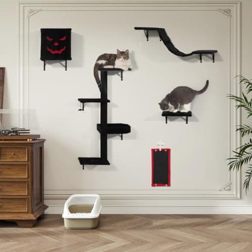 COZIWOW Wall-Mounted Cat Tree | Space-Saving Feline Furniture with Multiple Levels | Durable Scratch Post for Indoor Cats, Black&Red 7
