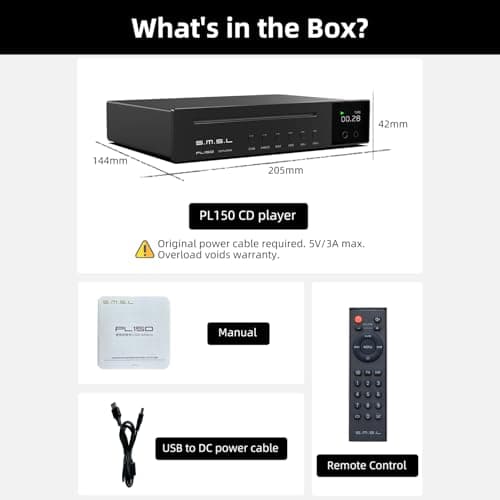 SMSL PL150 CD Player,Compatible with Standard CD,MP3 CD.Supports RCA,3.5mm and 4.4mm Headphones,Optical,Coaxial Output Interface,CS43198 Decoding Chip,Auitable for Laptops and Computers and Car 9